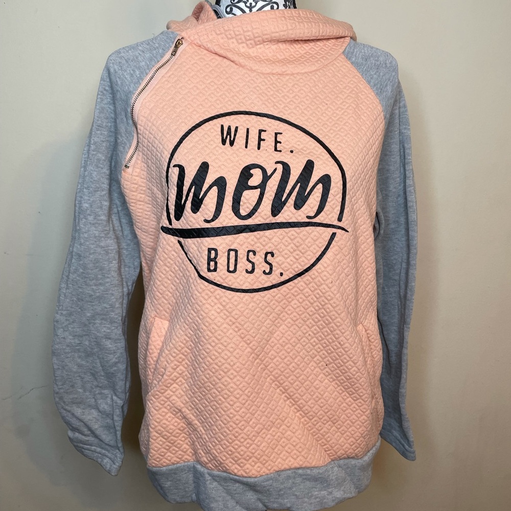 Wife,boss,mom pink and gray hoodie